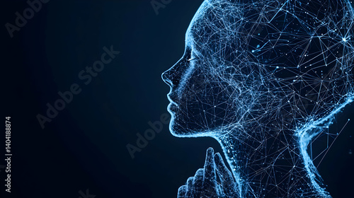Digital Profile Silhouette of Woman with Glowing Blue Particles in Dark Background