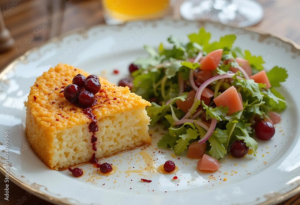 Rice Cake and Salad on Plate Garnished with Berries Rice Cake and Salad on Plate Garnished with Berries