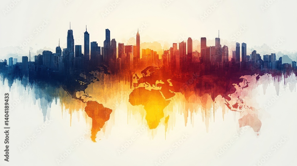 Obraz premium Artistic representation of a world map merging with a city skyline, symbolizing globalization