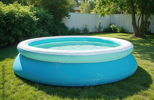 Inflatable blue pool in summer backyard, green lawn and trees around. Leisure fun activity, splashing in pool water at hot sunny day. Vacation, holiday relax outdoors.