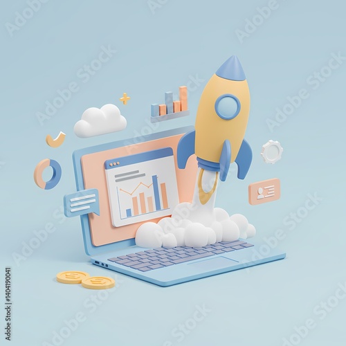 3D illustration of a laptop with a rocket coming out of it, symbolizing growth or progress.
