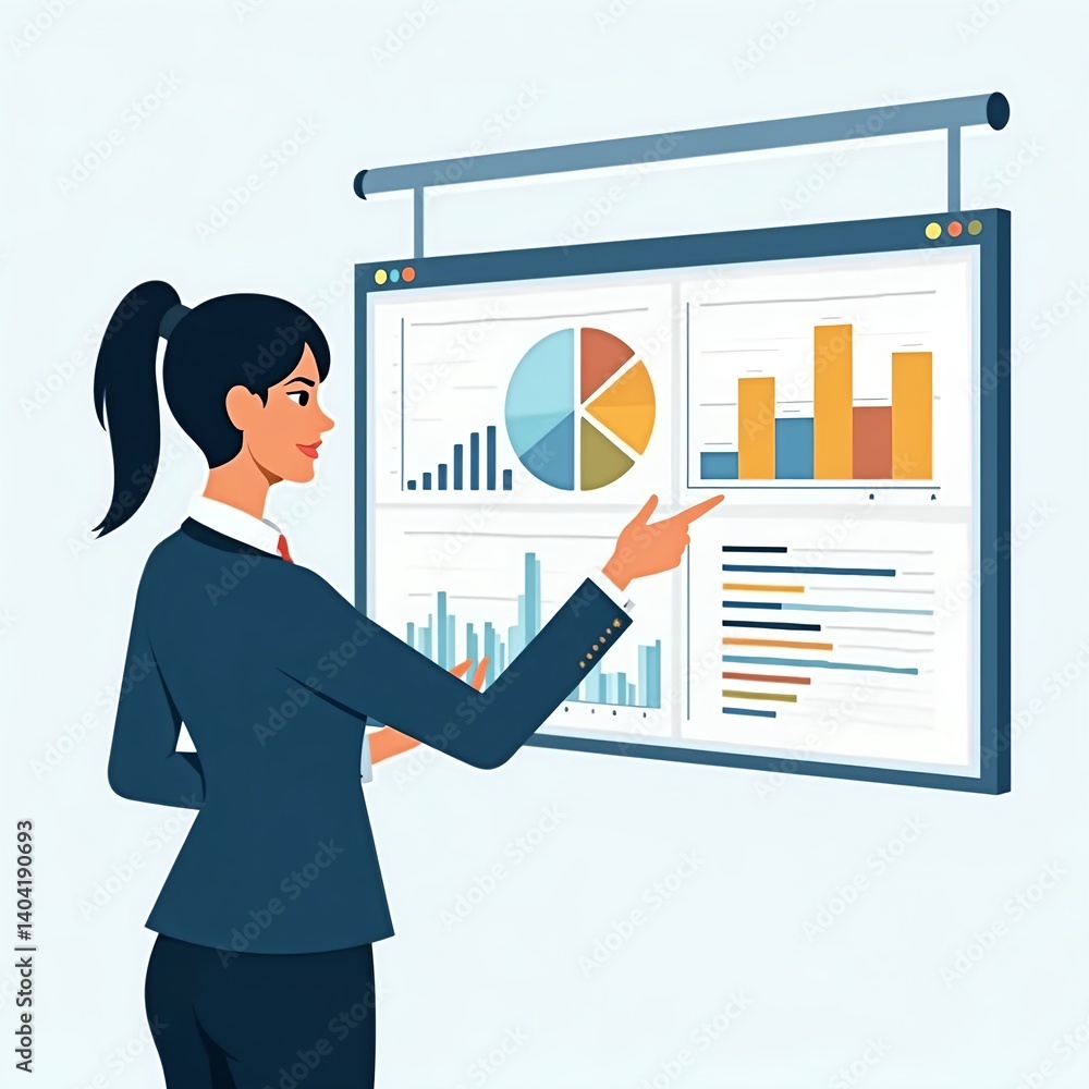 Professional woman presenting a sales report on a digital screen with graphs, pie charts, and analytics, in a clean business vector style Professional woman presenting a sales report on a digital screen with graphs, pie charts, and analytics, in a clean business vector style
