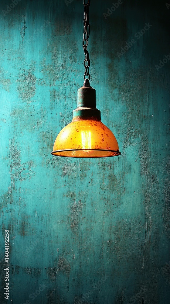 Obraz premium Lit amber lamp hangs before distressed turquoise wall, creating moody atmosphere