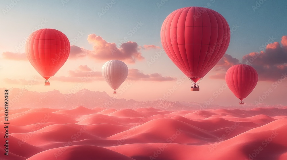 Obraz premium Hot air balloons floating above a scenic landscape. The scene is bathed in a warm, sunset hue, evoking a sense of adventure and freedom.