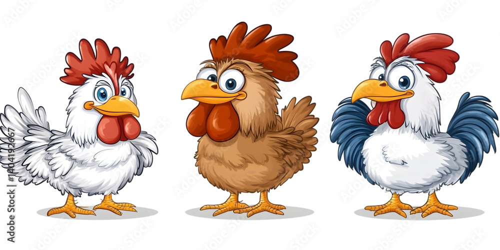 Fototapeta premium Cartoon Illustration of Three Chickens in Various Colors and Poses