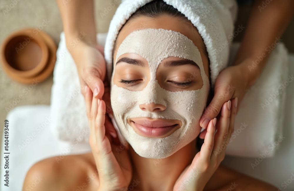 Woman enjoys spa face mask, facial treatment. Relaxing beauty, wellness, skincare procedure. Hands touch cheeks gently, serenity, care. Calm face expression, close eyes, pampering, healthy skin.