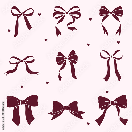 Set of elegant maroon ribbon bows in various vintage and modern styles, isolated on light background, perfect for decorative design, packaging, celebration, vector illustration, coquette theme