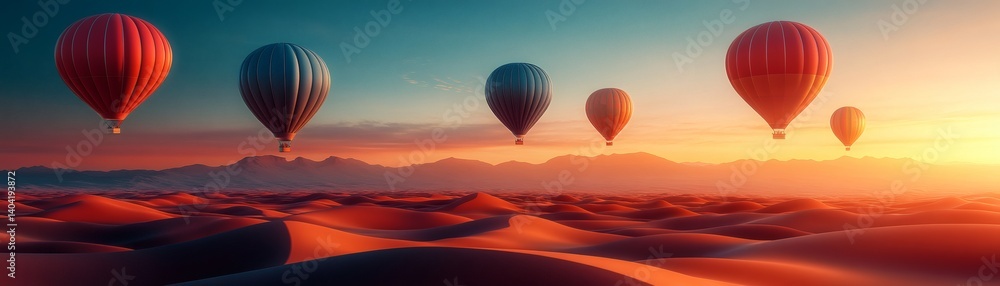 Hot air balloons soaring over a desert landscape at sunset, creating a vivid and breathtaking scenery Hot air balloons soaring over a desert landscape at sunset, creating a vivid and breathtaking scenery