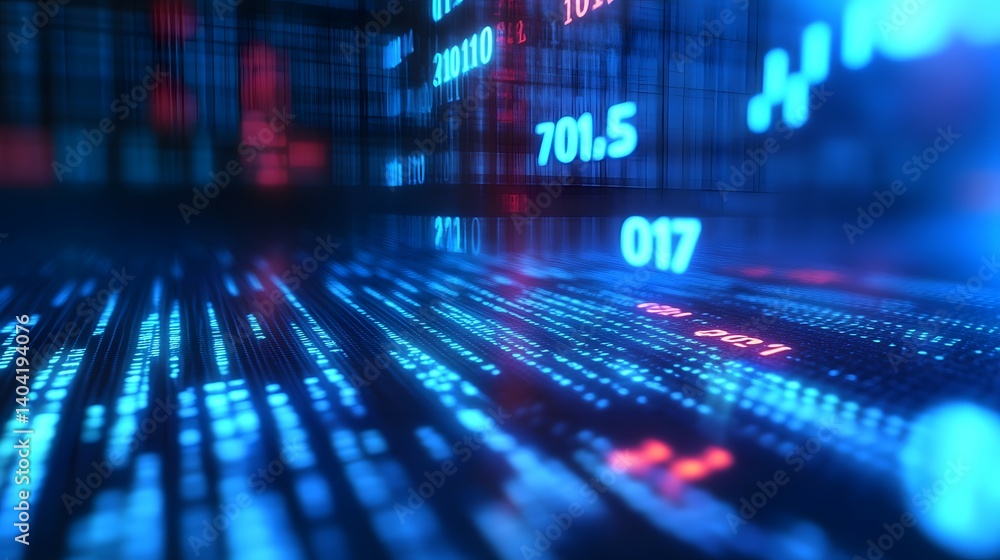 Abstract blue and red digital data stream with numbers and patterns. Abstract blue and red digital data stream with numbers and patterns.