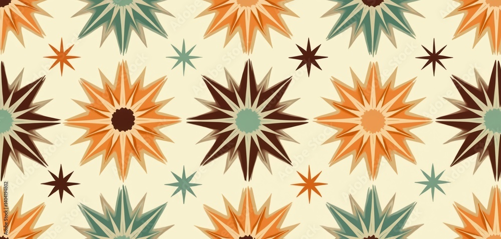 Illustration 1950s atomic retro patterns. Seamless geometric design in vintage style. Mid-century modern repeating print, wallpaper, textile background, in brown, orange, green, beige colors. Illustration 1950s atomic retro patterns. Seamless geometric design in vintage style. Mid-century modern repeating print, wallpaper, textile background, in brown, orange, green, beige colors.