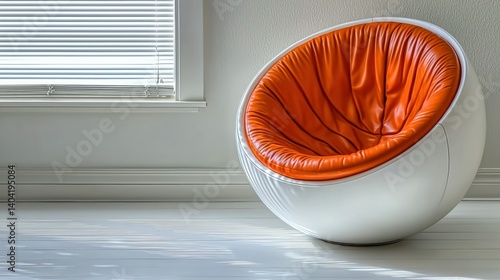 Modern egg chair, orange leather, white frame, near window. Minimalist, bright