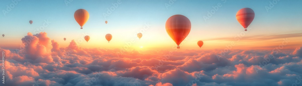 Fototapeta premium Hot air balloons soaring above a breathtaking sunset landscape, floating amongst fluffy clouds. The vibrant colors of the balloons and the setting sun create a magical scene