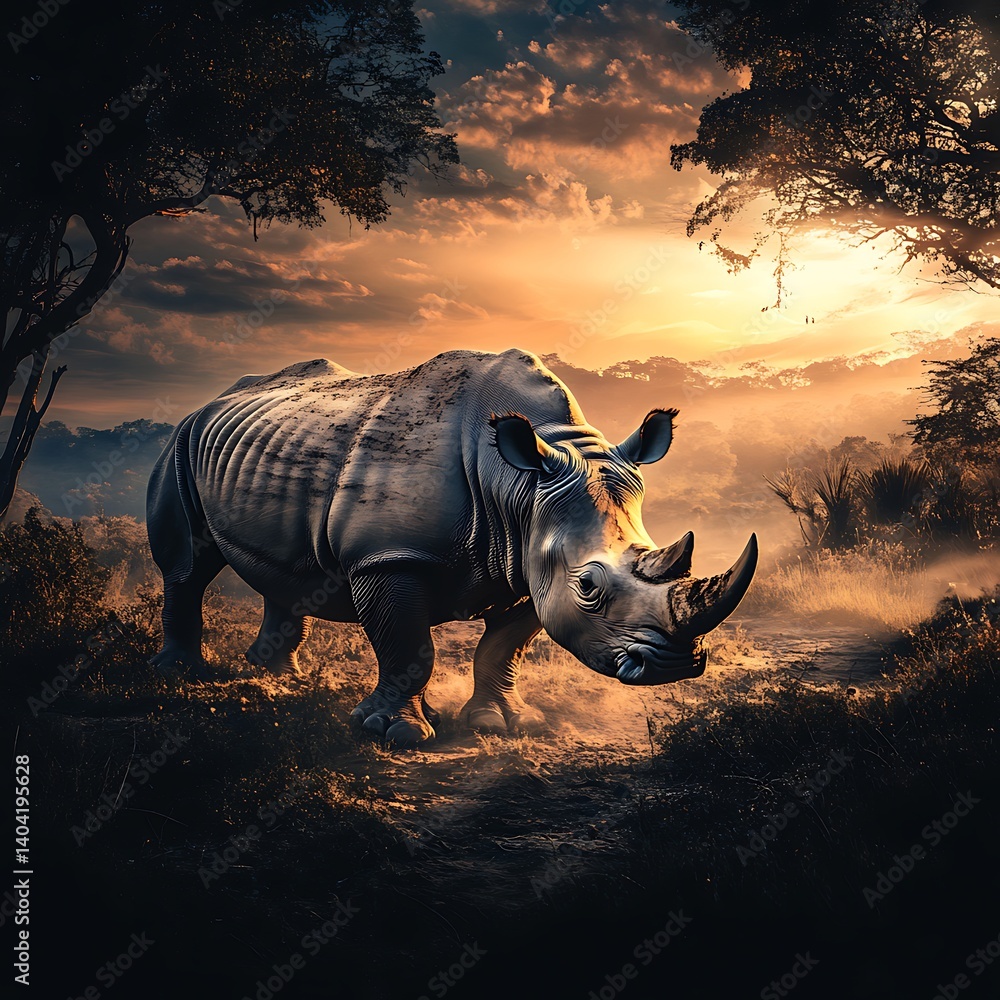 Fototapeta premium Majestic rhino standing in lush landscape with a vibrant background high resolution image