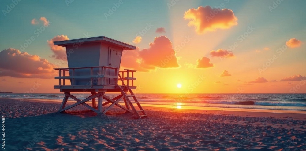 Sunset casts long shadows on a lifeguard tower on sandy beach , sunset, texture, vibrant Sunset casts long shadows on a lifeguard tower on sandy beach , sunset, texture, vibrant