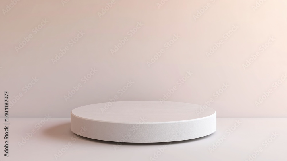 Minimalist Round White Display Platform Against a Soft Light Pink Background, Ideal for Product Showcase in a Clean and Simple Studio Setting with Ample Vertical Copy Space Minimalist Round White Display Platform Against a Soft Light Pink Background, Ideal for Product Showcase in a Clean and Simple Studio Setting with Ample Vertical Copy Space