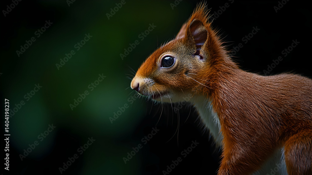 Obraz premium Red Squirrel Profile Closeup In Dark Forest