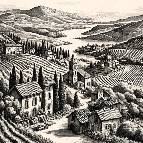 Scenic engrayving vintage style illustration of Tuscan Landscape view with Charming Village, river and wine valleys