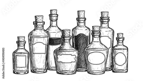 Vintage glass bottles collection in sketch illustration style  