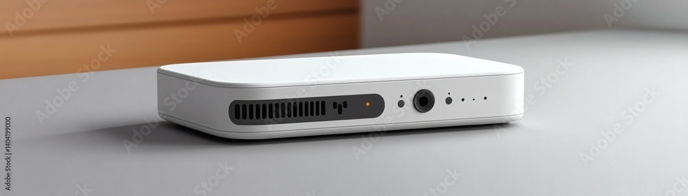A sleek and modern white device sits on a minimalistic gray surface, exuding technological sophistication A sleek and modern white device sits on a minimalistic gray surface, exuding technological sophistication