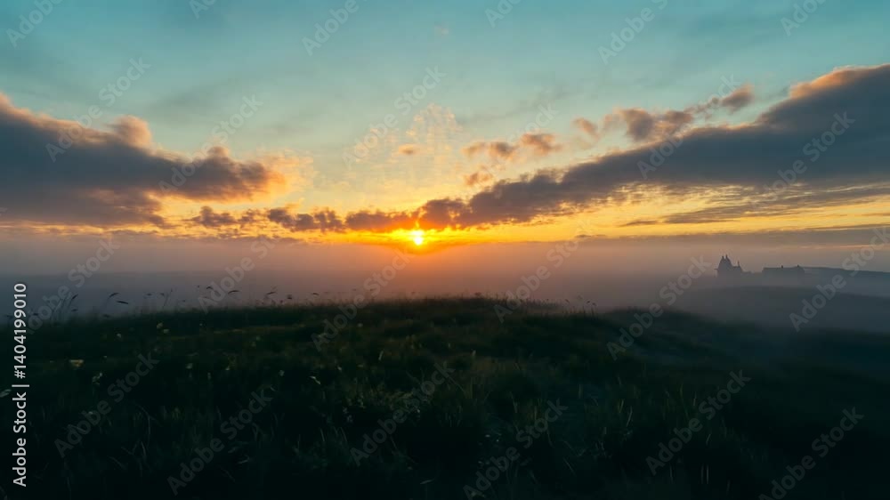 Breathtaking sunset over a grassy field, glowing sun, and warm colors, tranquil scenery Breathtaking sunset over a grassy field, glowing sun, and warm colors, tranquil scenery