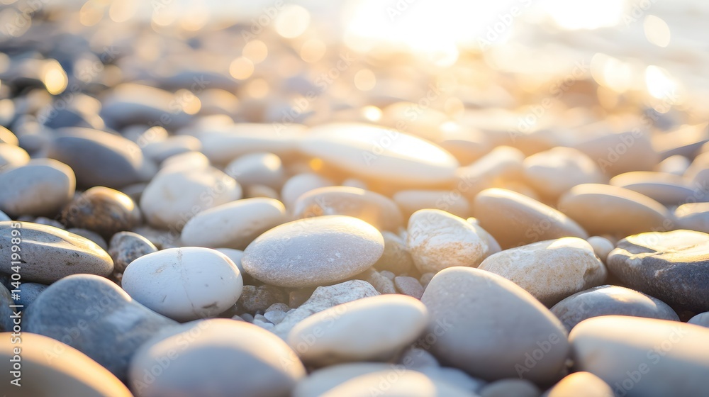 Smooth stones on a beach with sunlight reflecting off the water. Smooth stones on a beach with sunlight reflecting off the water.