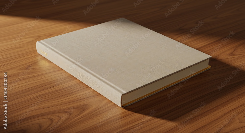 Fototapeta premium A luxurious notebook with a linen cover in soft beige, featuring gold-edged pages, placed on a wooden desk