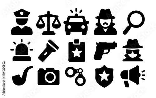 police officer detective icons set of black police and investigation vector icons including officer, badge, police car, gun, handcuffs, detective, scale of justice, magnifying glass, siren, megaphone