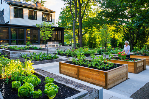 active older woman harvesting vegetables from raised garden beds in well-designed accessible garden with comfortable seating areas