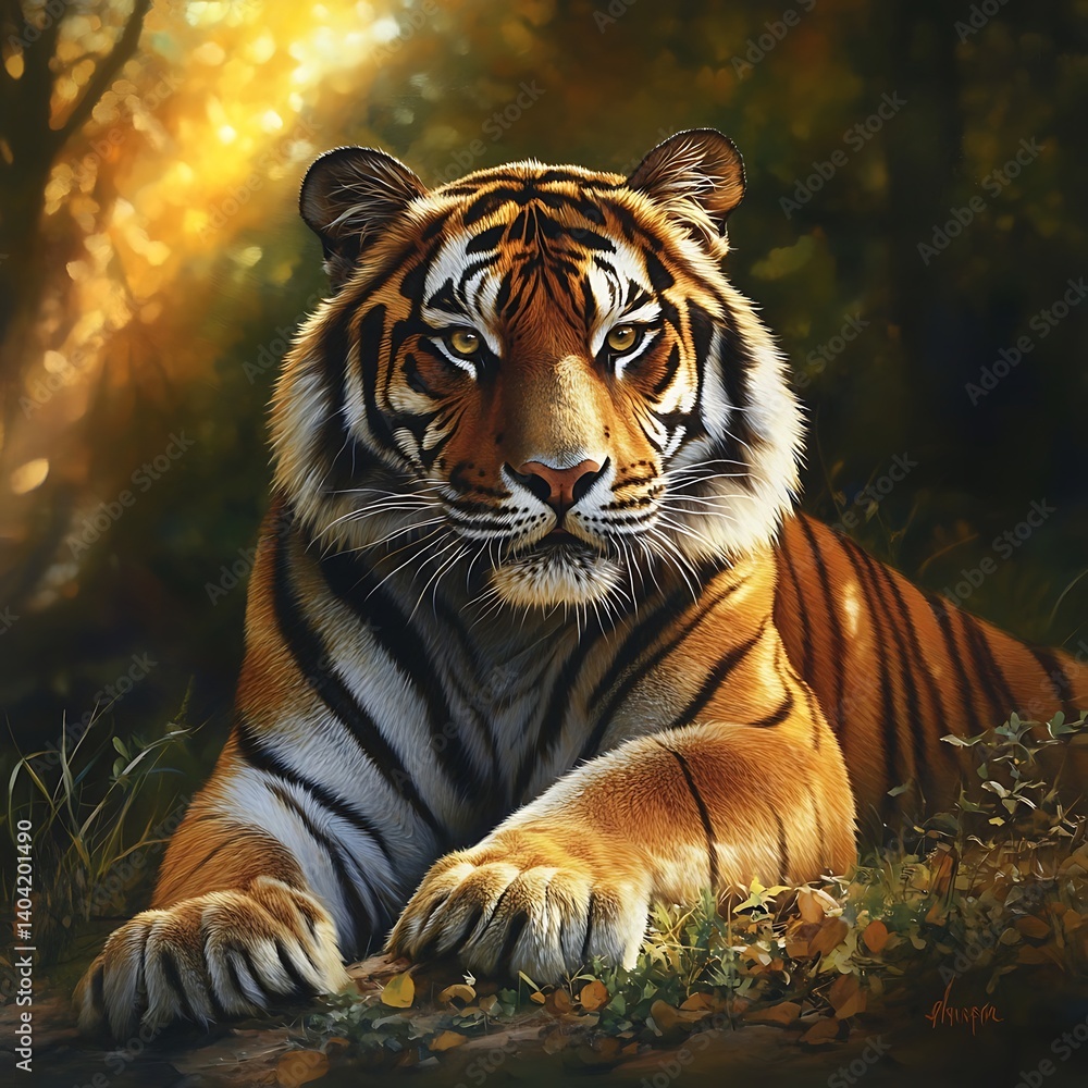 Fototapeta premium Majestic tiger lying gracefully in the jungle with golden light high resolution image