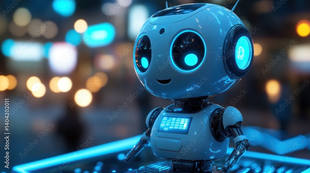 Charming AI Companion: A Cute Robot with a Gentle Smile in a Futuristic Setting Charming AI Companion: A Cute Robot with a Gentle Smile in a Futuristic Setting