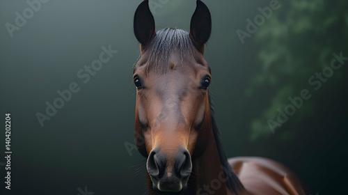 Brown Horse Portrait in Misty Forest Setting