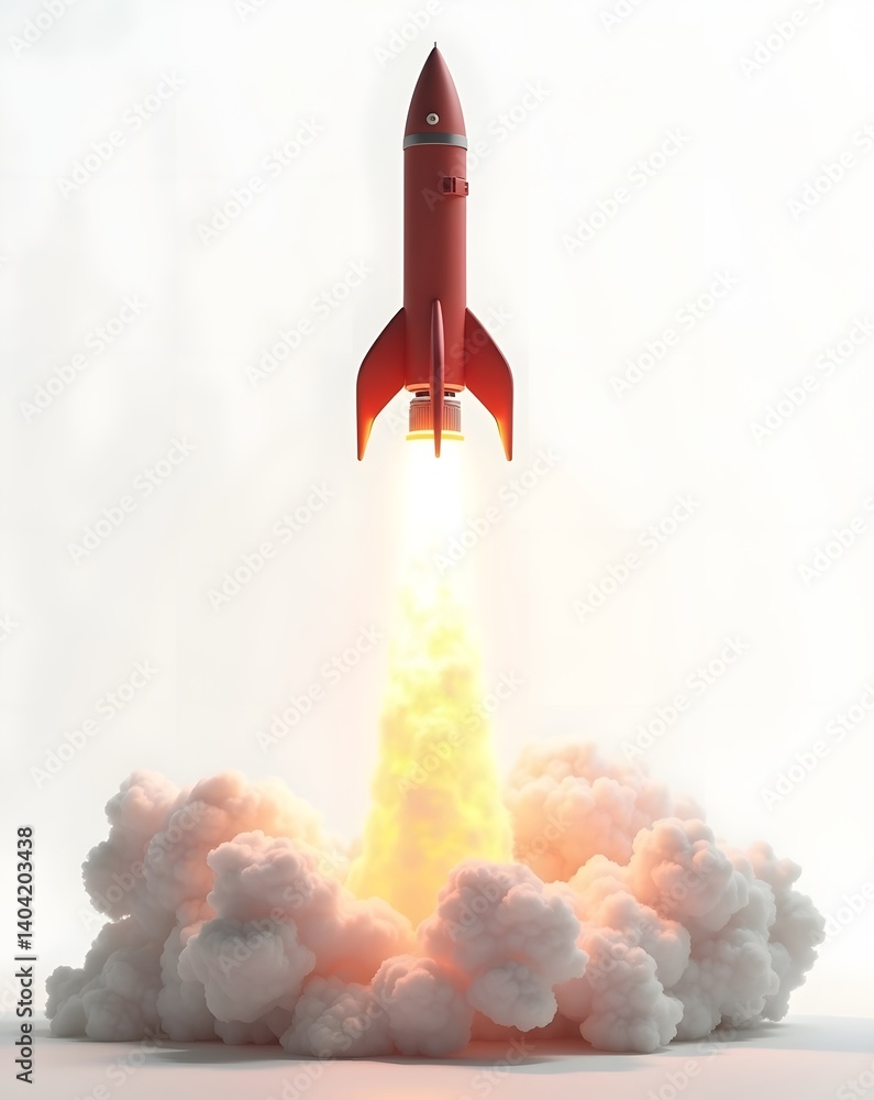 Red rocket launching into the sky leaving a trail of fire and smoke Red rocket launching into the sky leaving a trail of fire and smoke