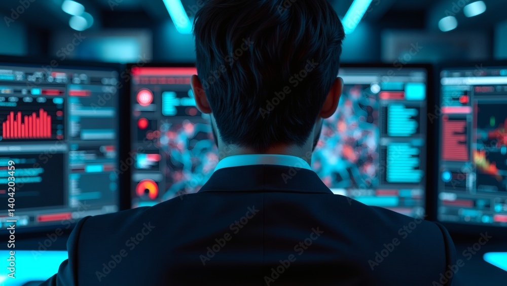 a man in a suit sits in front of multiple computer screens displaying data and graphs. He is concentrating on his work in a dimly lit room. The image suggests a sense of focus and determination a man in a suit sits in front of multiple computer screens displaying data and graphs. He is concentrating on his work in a dimly lit room. The image suggests a sense of focus and determination