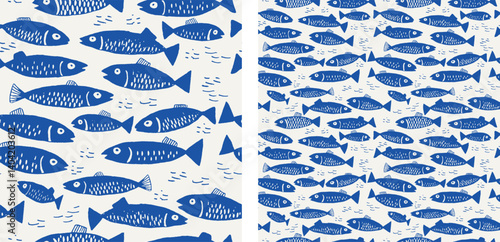 Seamless Sardine Fish Pattern – Hand-Drawn Blue Marine Vector with Simple Ocean Fish for Nautical, Seafood Aesthetic