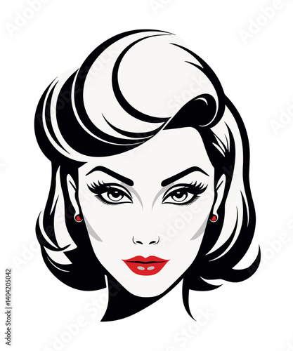 Woman with voluminous at the front, pinned hair half up and half down, red lips and earrings style 1940s