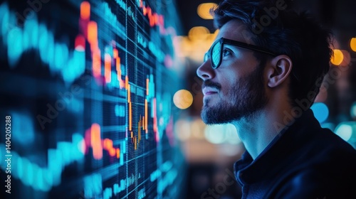 Contemplative analyst observes complex financial data on a luminous screen