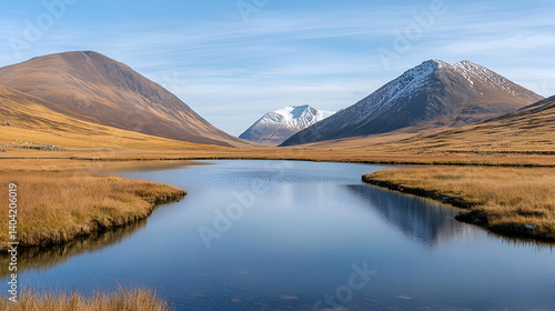 Calm Mountain Lake Reflection with Birds in Flight
