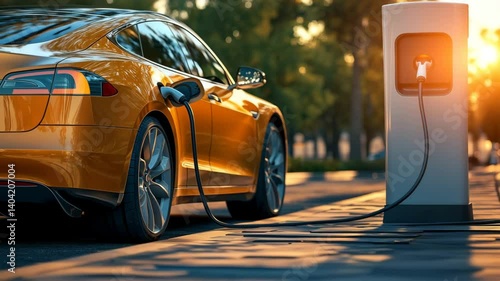 The orange electric car is connected to a classic charging station