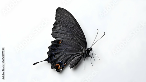 Detailed Black Butterfly with Intricate Wing Patterns on a White Background