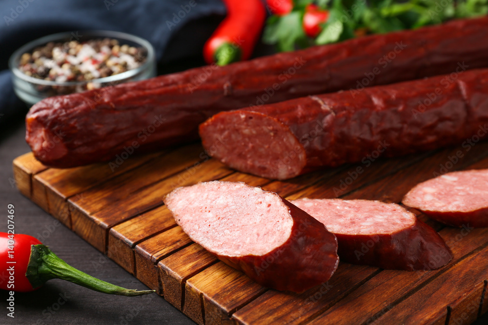 Delicious thin smoked sausage and spices on table, closeup Delicious thin smoked sausage and spices on table, closeup