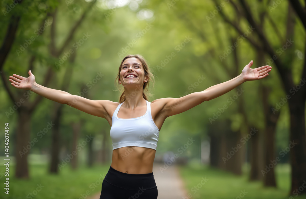 Young woman enjoys morning in green park. Female fitness model smiles with open arms. Concept of happy life, healthy lifestyle, body care, sport, relaxation, mindfulness, positive attitude, freedom. Young woman enjoys morning in green park. Female fitness model smiles with open arms. Concept of happy life, healthy lifestyle, body care, sport, relaxation, mindfulness, positive attitude, freedom.