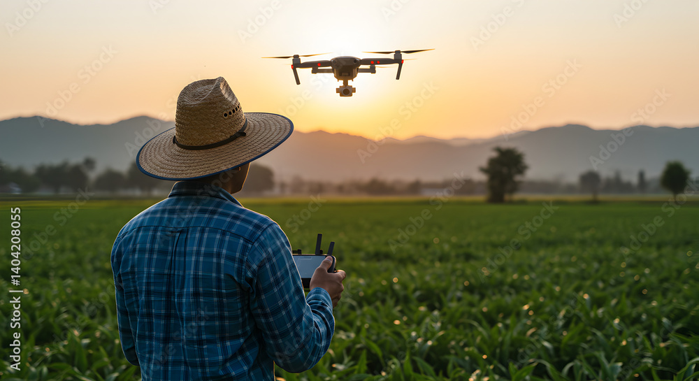 custom made wallpaper toronto digitalFarmer Using Drone in Agricultural Field at Sunset Wearing Traditional Straw Hat and Blue Checked Shirt