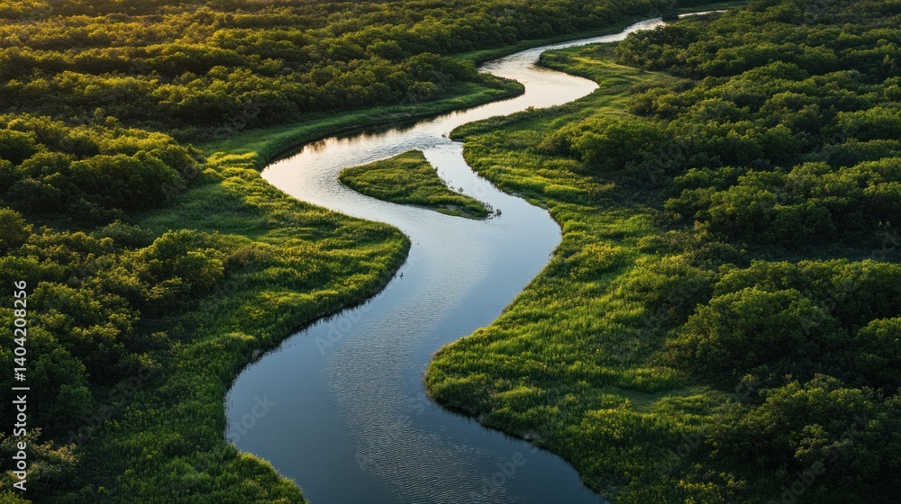 Aerial View of a Winding River Through a Lush Forest Aerial View of a Winding River Through a Lush Forest