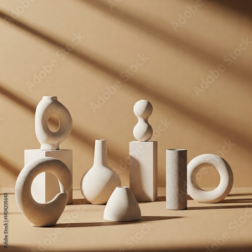 Handmade ceramics, minimalist design, beige background, geometric shadows, artisan pottery 