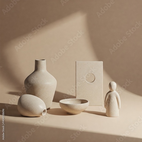 Handmade ceramics, minimalist design, beige background, geometric shadows, artisan pottery 