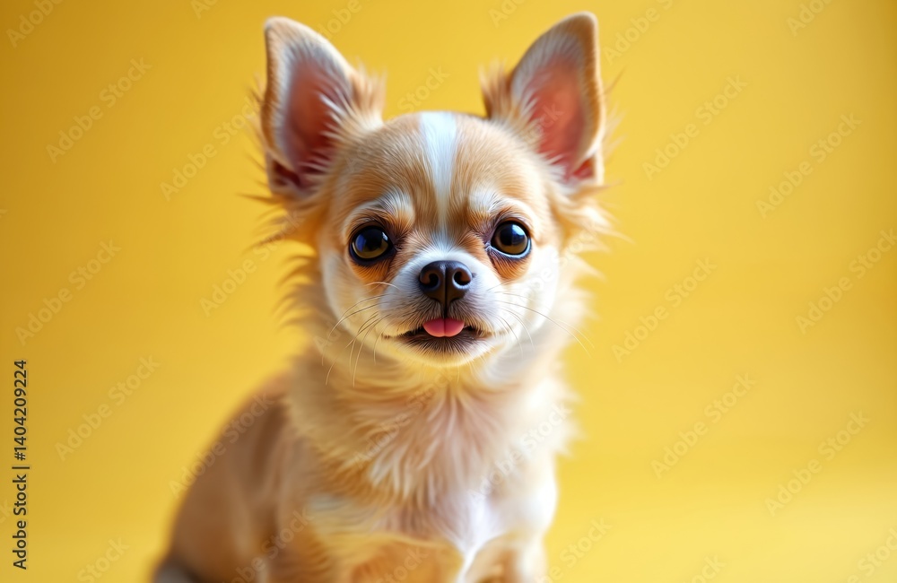 Close-up portrait small chihuahua dog with adorable face. Sad puppy with big eyes, tongue out on yellow background. Domestic pet begging for food. Cute puppy portrait, begging for food. Close-up portrait small chihuahua dog with adorable face. Sad puppy with big eyes, tongue out on yellow background. Domestic pet begging for food. Cute puppy portrait, begging for food.
