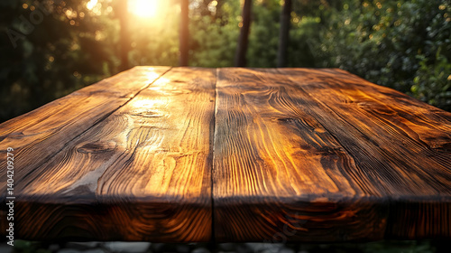 Warm Golden Sunset Light on Rustic Wooden Table in Forest Setting