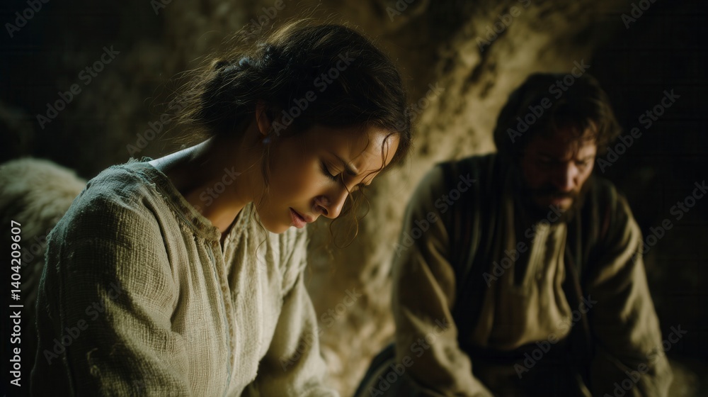Obraz premium Virgin Mary on a ancient cave on a bible scene