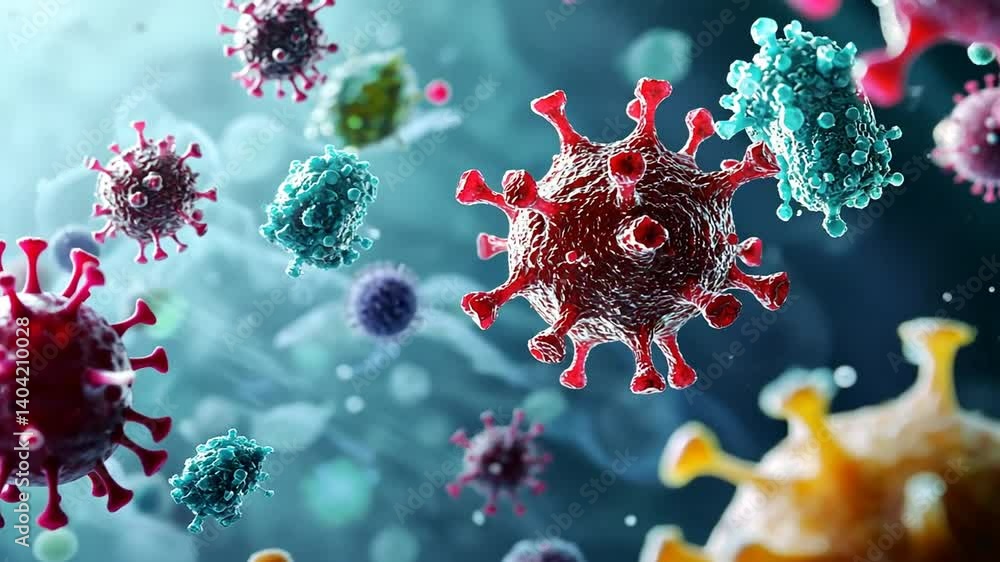 Microscopic view of various colorful viruses suspended in a fluid-like environment, close-up, focused Microscopic view of various colorful viruses suspended in a fluid-like environment, close-up, focused