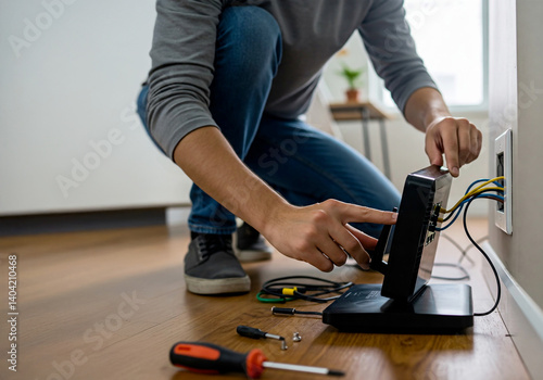 Man installing internet router at home